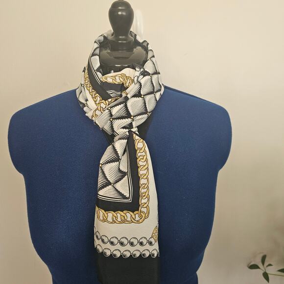 Vtg Chanel-insp Chain Pearl Print Scarf Navy Gold Geometric Square Satin Scarf - Picture 3 of 3